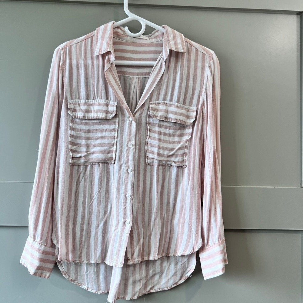Mahina Hawaii Striped Button Down Shirt Womens Small Pink White‎ Beach FLAW